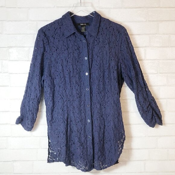 Style & Co Sophisticate Blue Lace Ruched 3/4 Sleeve Button Down Women's Size L - Picture 1 of 4